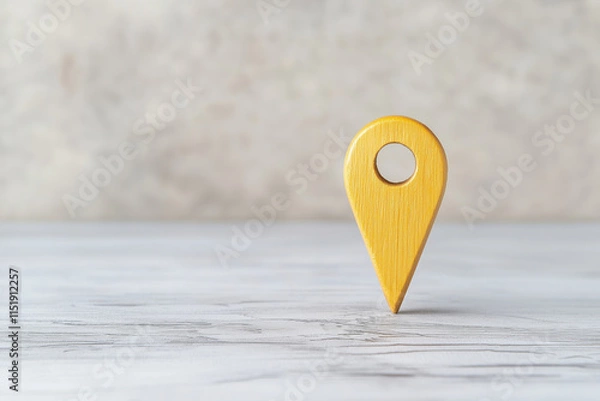 Obraz Yellow location marker stands on a light wooden surface with blurred background