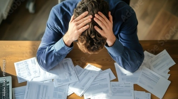 Fototapeta Overwhelmed Executive Amidst Overdue Invoices, a scene of stress and financial burden in a corporate environment