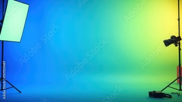 Fototapeta Studio Set Up with Blue and Green Gradient Backdrop and Photography Equipment