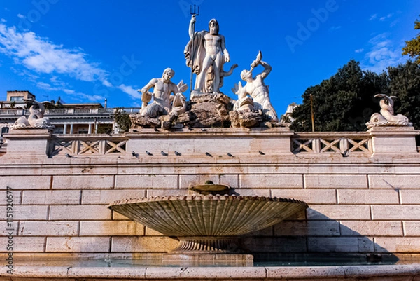 Obraz Fontana del dio Nettuno in Piazza del Popolo. Roma, Italia