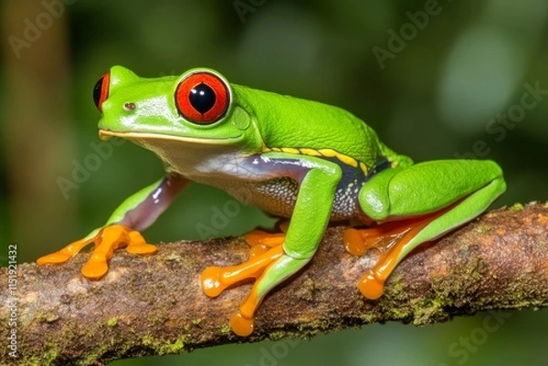 Fototapeta A vibrant green tree frog clinging to a leaf, its bright eyes contrasting with the lush greenery around it