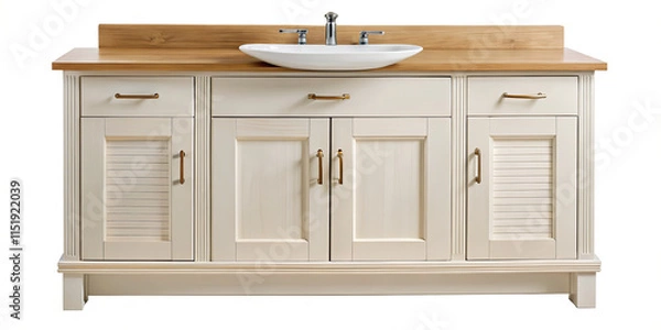 Obraz Stylish bathroom vanity features a light-colored finish with a wooden countertop and a round ceramic sink, providing both functionality and aesthetic appeal in modern interiors