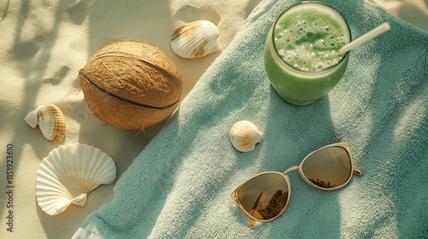 Fototapeta Green smoothie, coconut, and seashells on a sandy towel with summer light