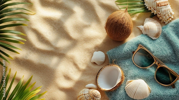 Fototapeta Coconut and seashells with sunglasses on a sandy towel under tropical shadows