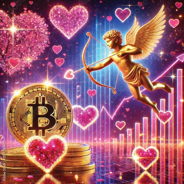 Fototapeta Celebrate Valentine's Day with Love and Technology! Bitcoin Sparks Heart, AI Cupid Shoots Arrow of Love, Cryptocurrency Growth Chart, The Perfect Mix of Romance, Wealth and Innovation