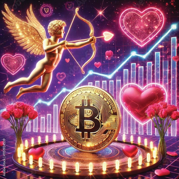 Obraz Celebrate Valentine's Day with Love and Technology! Bitcoin Sparks Heart, AI Cupid Shoots Arrow of Love, Cryptocurrency Growth Chart, The Perfect Mix of Romance, Wealth and Innovation