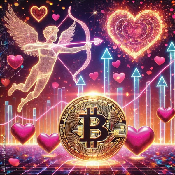 Obraz Celebrate Valentine's Day with Love and Technology! Bitcoin Sparks Heart, AI Cupid Shoots Arrow of Love, Cryptocurrency Growth Chart, The Perfect Mix of Romance, Wealth and Innovation