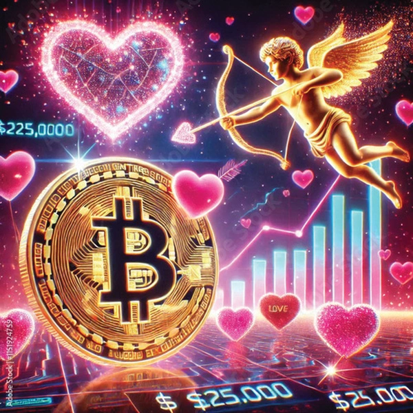 Fototapeta Celebrate Valentine's Day with Love and Technology! Bitcoin Sparks Heart, AI Cupid Shoots Arrow of Love, Cryptocurrency Growth Chart, The Perfect Mix of Romance, Wealth and Innovation