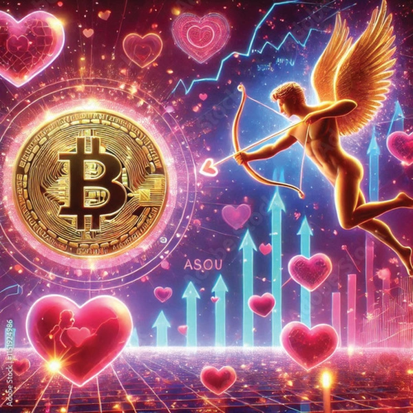 Fototapeta Celebrate Valentine's Day with Love and Technology! Bitcoin Sparks Heart, AI Cupid Shoots Arrow of Love, Cryptocurrency Growth Chart, The Perfect Mix of Romance, Wealth and Innovation