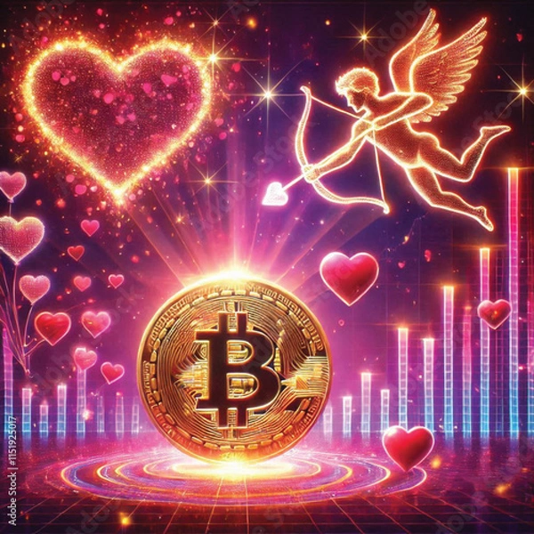Fototapeta Celebrate Valentine's Day with Love and Technology! Bitcoin Sparks Heart, AI Cupid Shoots Arrow of Love, Cryptocurrency Growth Chart, The Perfect Mix of Romance, Wealth and Innovation