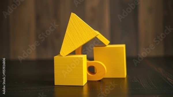 Fototapeta A yellow wooden block construction featuring geometric shapes, arranged in a creative and playful manner, set against a backdrop of a dark wooden surface.