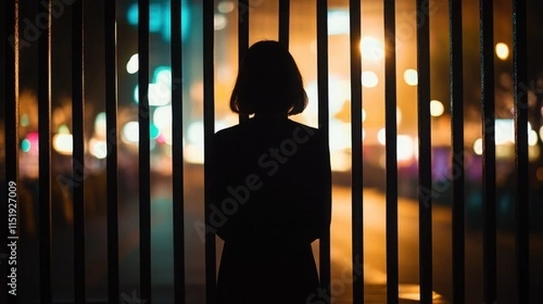 Fototapeta Silhouette of a person standing behind bars, symbolizing confinement and the struggle for freedom, reflecting themes of resilience and hope in overcoming obstacles.