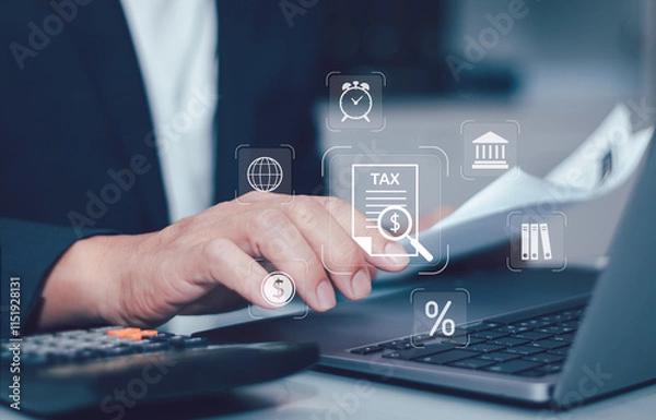 Fototapeta Finance or income concept ,calculating taxes online. Personal income statement, man is filling out personal or business income tax payment form for government agency on virtual computer screen