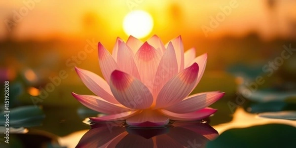 Fototapeta A delicate pink lotus flower gracefully unfolds its petals, bathed in the soft golden glow of a setting sun, reflecting its beauty on the serene water surface.