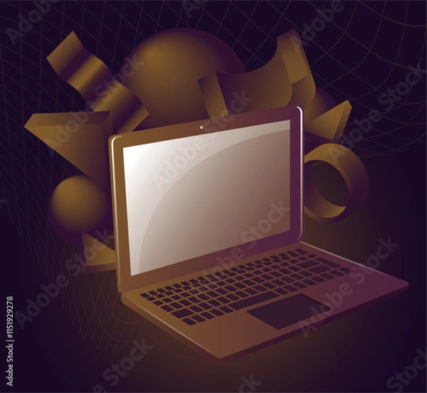 Obraz Laptop with 3D abstract elements behind vector illustration