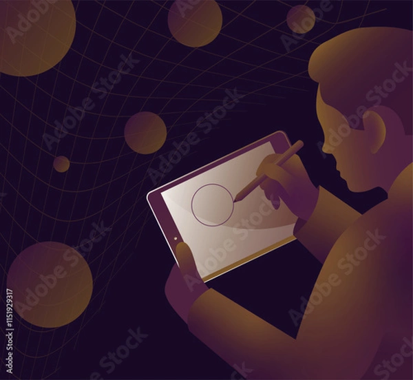 Obraz A man draws a circle on a tablet with a stylus vector illustration