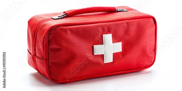 Fototapeta A compact red first aid kit is ready for use, featuring a white cross emblem, ideal for addressing medical emergencies at home or during outdoor activities
