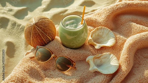 Fototapeta Coconut, seashells, and green smoothie on a textured beach towel