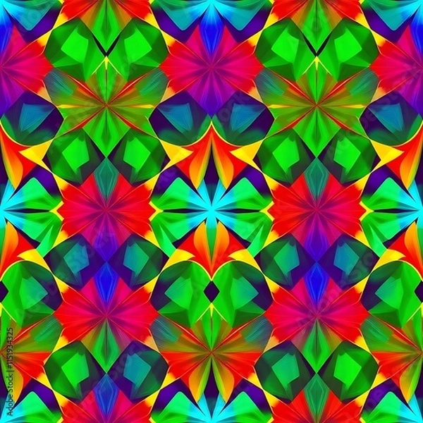 Fototapeta Vibrant Kaleidoscope: A mesmerizing seamless pattern of radiant jewel-toned flowers in a kaleidoscopic design. Perfect for textile, fashion, or vibrant digital designs. 