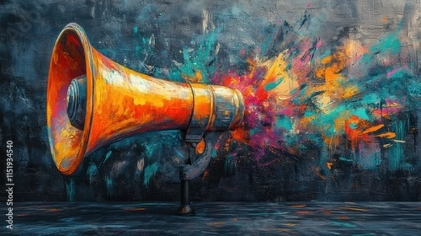 Obraz Dynamic megaphone erupting with vibrant splashes of colorful paint, symbolizing creativity, expression, and energy. A vivid representation of artistic chaos and bold communication.