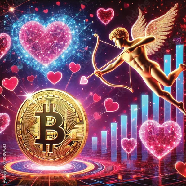 Fototapeta Celebrate Valentine's Day with Love and Technology! Bitcoin Sparks Heart, AI Cupid Shoots Arrow of Love, Cryptocurrency Growth Chart, The Perfect Mix of Romance, Wealth and Innovation