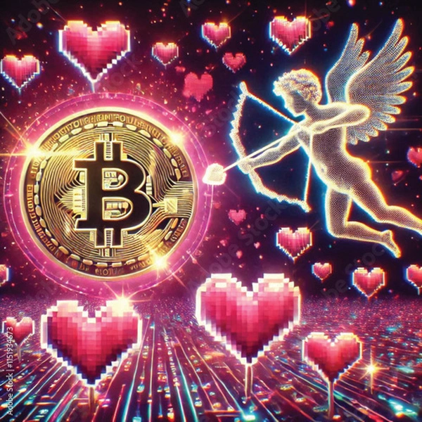 Fototapeta Celebrate Valentine's Day with Love and Technology! Bitcoin Sparks Heart, AI Cupid Shoots Arrow of Love, Cryptocurrency Growth Chart, The Perfect Mix of Romance, Wealth and Innovation