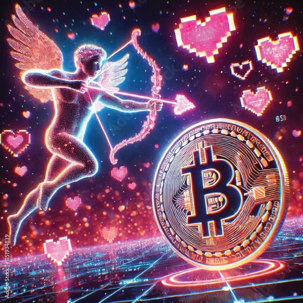 Fototapeta Celebrate Valentine's Day with Love and Technology! Bitcoin Sparks Heart, AI Cupid Shoots Arrow of Love, Cryptocurrency Growth Chart, The Perfect Mix of Romance, Wealth and Innovation