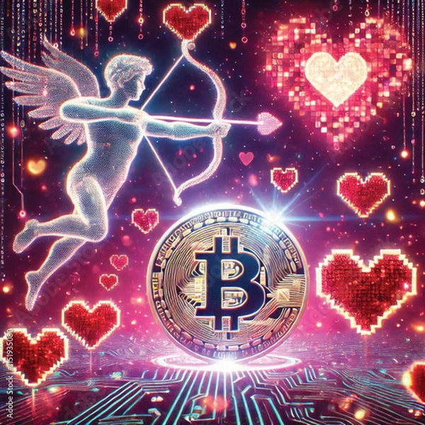 Fototapeta Celebrate Valentine's Day with Love and Technology! Bitcoin Sparks Heart, AI Cupid Shoots Arrow of Love, Cryptocurrency Growth Chart, The Perfect Mix of Romance, Wealth and Innovation