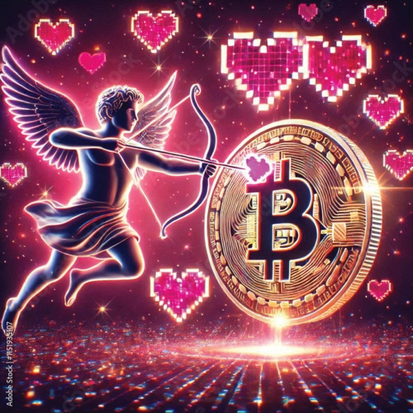 Obraz Celebrate Valentine's Day with Love and Technology! Bitcoin Sparks Heart, AI Cupid Shoots Arrow of Love, Cryptocurrency Growth Chart, The Perfect Mix of Romance, Wealth and Innovation
