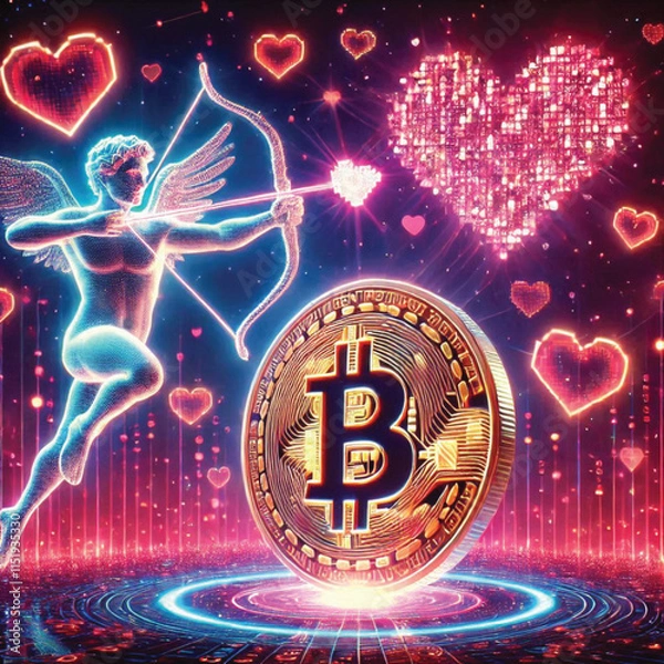 Fototapeta Celebrate Valentine's Day with Love and Technology! Bitcoin Sparks Heart, AI Cupid Shoots Arrow of Love, Cryptocurrency Growth Chart, The Perfect Mix of Romance, Wealth and Innovation