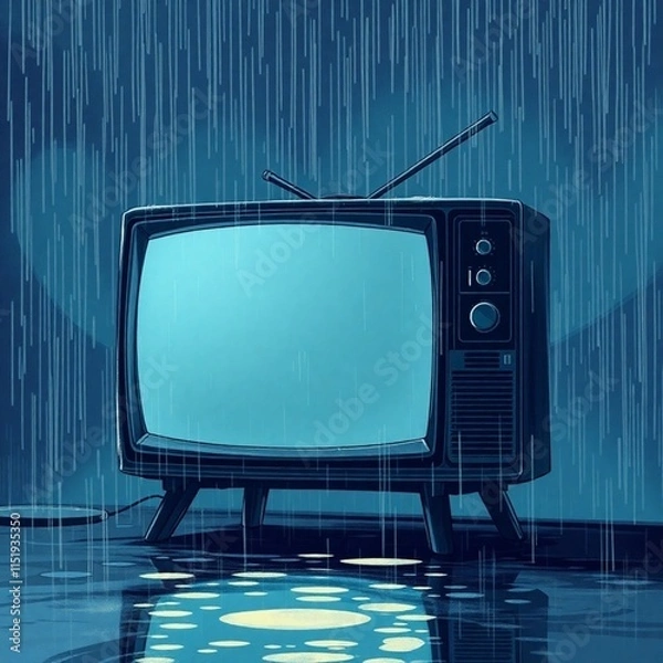 Obraz An Isekai anime-style illustration of a television in a wet rainy scene. The expressive composition conveys an ethereal, spiritual vibe with drizzling rain and reflective surfaces