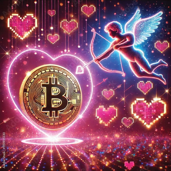 Fototapeta Celebrate Valentine's Day with Love and Technology! Bitcoin Sparks Heart, AI Cupid Shoots Arrow of Love, Cryptocurrency Growth Chart, The Perfect Mix of Romance, Wealth and Innovation