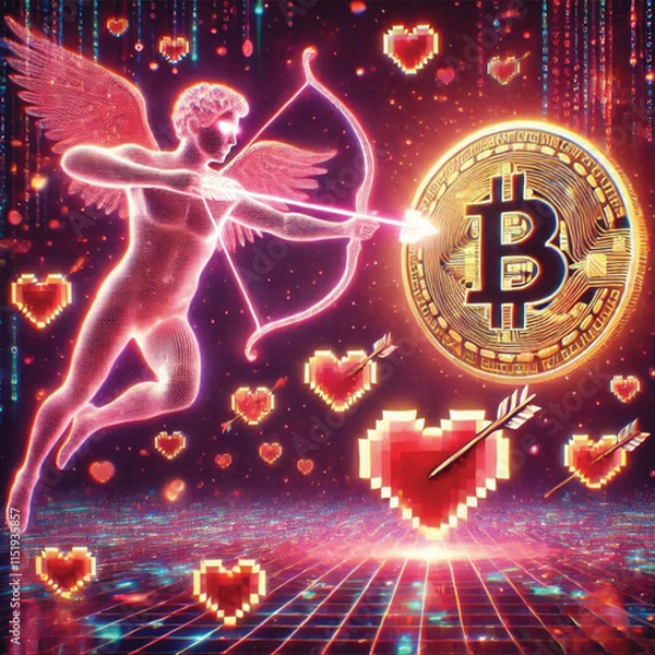Fototapeta Celebrate Valentine's Day with Love and Technology! Bitcoin Sparks Heart, AI Cupid Shoots Arrow of Love, Cryptocurrency Growth Chart, The Perfect Mix of Romance, Wealth and Innovation