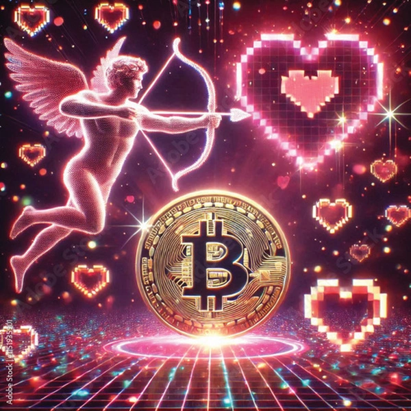 Fototapeta Celebrate Valentine's Day with Love and Technology! Bitcoin Sparks Heart, AI Cupid Shoots Arrow of Love, Cryptocurrency Growth Chart, The Perfect Mix of Romance, Wealth and Innovation