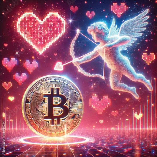 Fototapeta Celebrate Valentine's Day with Love and Technology! Bitcoin Sparks Heart, AI Cupid Shoots Arrow of Love, Cryptocurrency Growth Chart, The Perfect Mix of Romance, Wealth and Innovation