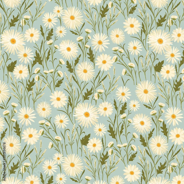 Obraz White Daises Garden on solid blue Background allover pattern