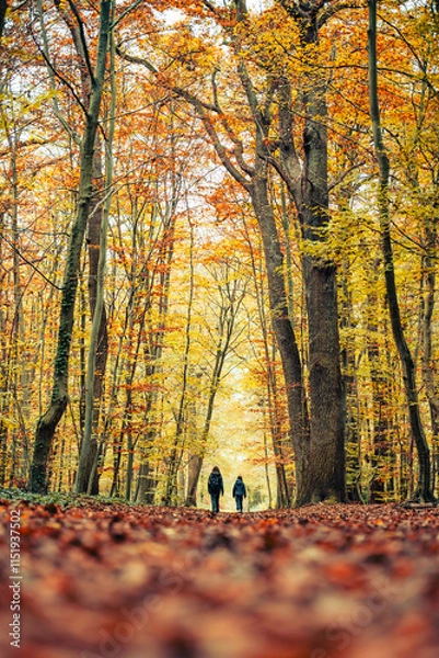 Obraz Des randonneurs dans une forêt de feuillus en automne avec des couleurs jaunes orangés