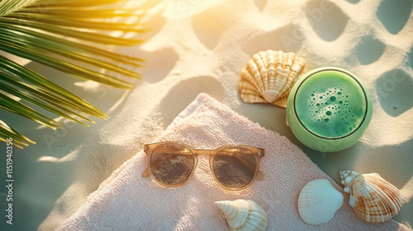 Fototapeta Fresh green smoothie and sunglasses with seashells on a sandy beach towel