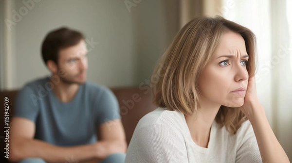 Fototapeta Serious sad woman thinking over a problem, man aside, meeting therapist, poor chance of getting pregnant after 40, unmet expectations, unable to handle family finances, interested in different things