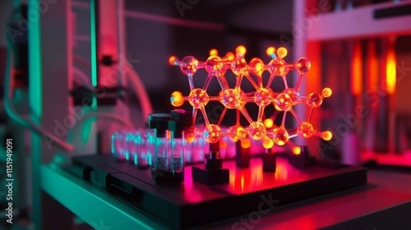 Fototapeta A detailed display of an advanced bio-computer setup featuring a molecular model glowing with vibrant colors.