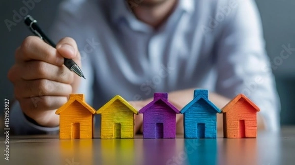 Obraz A person is holding a pen, preparing to make notes beside colorful miniature houses on a table, suggesting themes of real estate, investment, or planning.