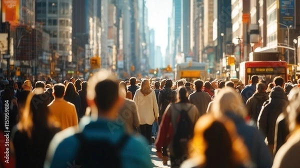 Fototapeta City Crowd Dynamics, a bustling urban scene showcasing diverse individuals moving swiftly through a vibrant city street, anonymity in the crowd