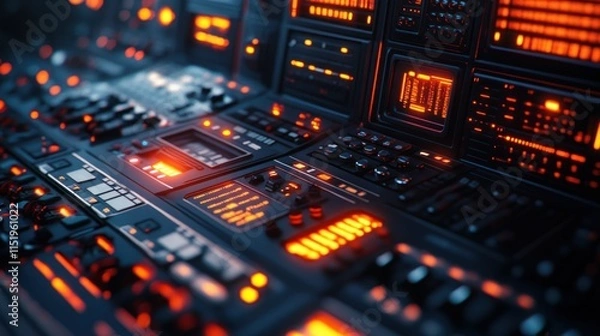 Fototapeta A futuristic control panel with glowing buttons, dials, and screens in a dark, high-tech setting.