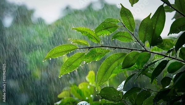 Obraz rain and raindrops falling on the leaves outside the window raindrops and the sound of rain hitting the window asmr