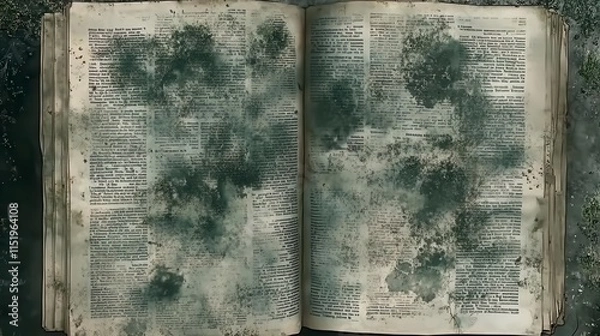 Fototapeta Aged Books. Vintage paper with faded text and torn edges. Texture. Background. 