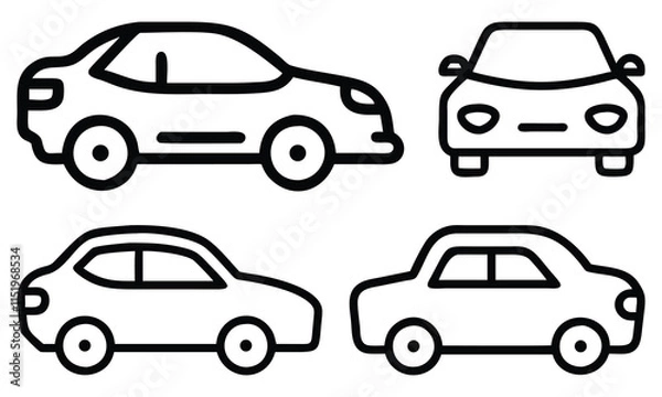 Fototapeta Set of black outline vector icons featuring various car designs from side and front views, ideal for transportation, automotive, and minimalist design projects.  
