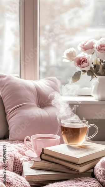 Obraz A cozy corner with tea, books, and flowers, perfect for relaxation and comfort.