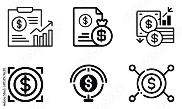 Fototapeta Set of black outline vector icons featuring financial symbols, including money, graphs, global currency, and reports, ideal for business, investment, and economic themes.  