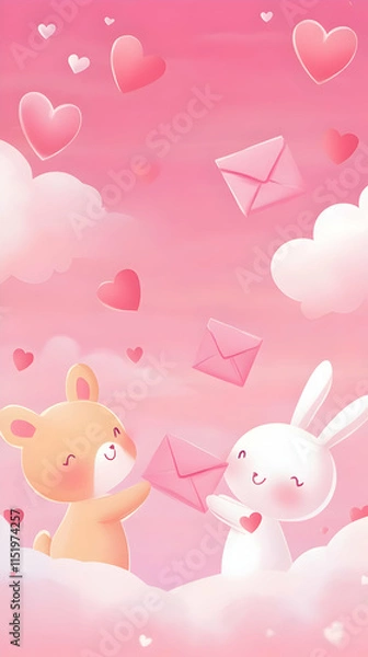 Fototapeta Cute illustration of a bear and bunny exchanging love letters with hearts and clouds.