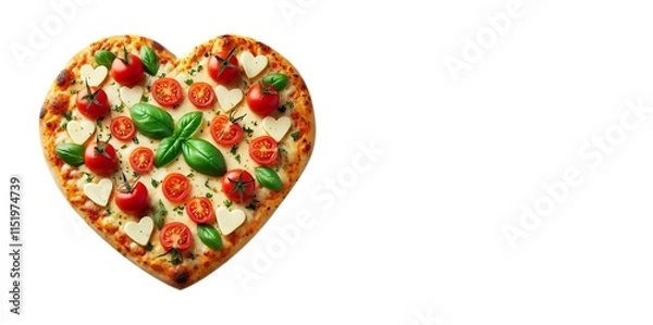 Fototapeta Heart-shaped pizza topped with cheese, tomatoes, and basil on a white background with space for text. Created with Generative AI Technology